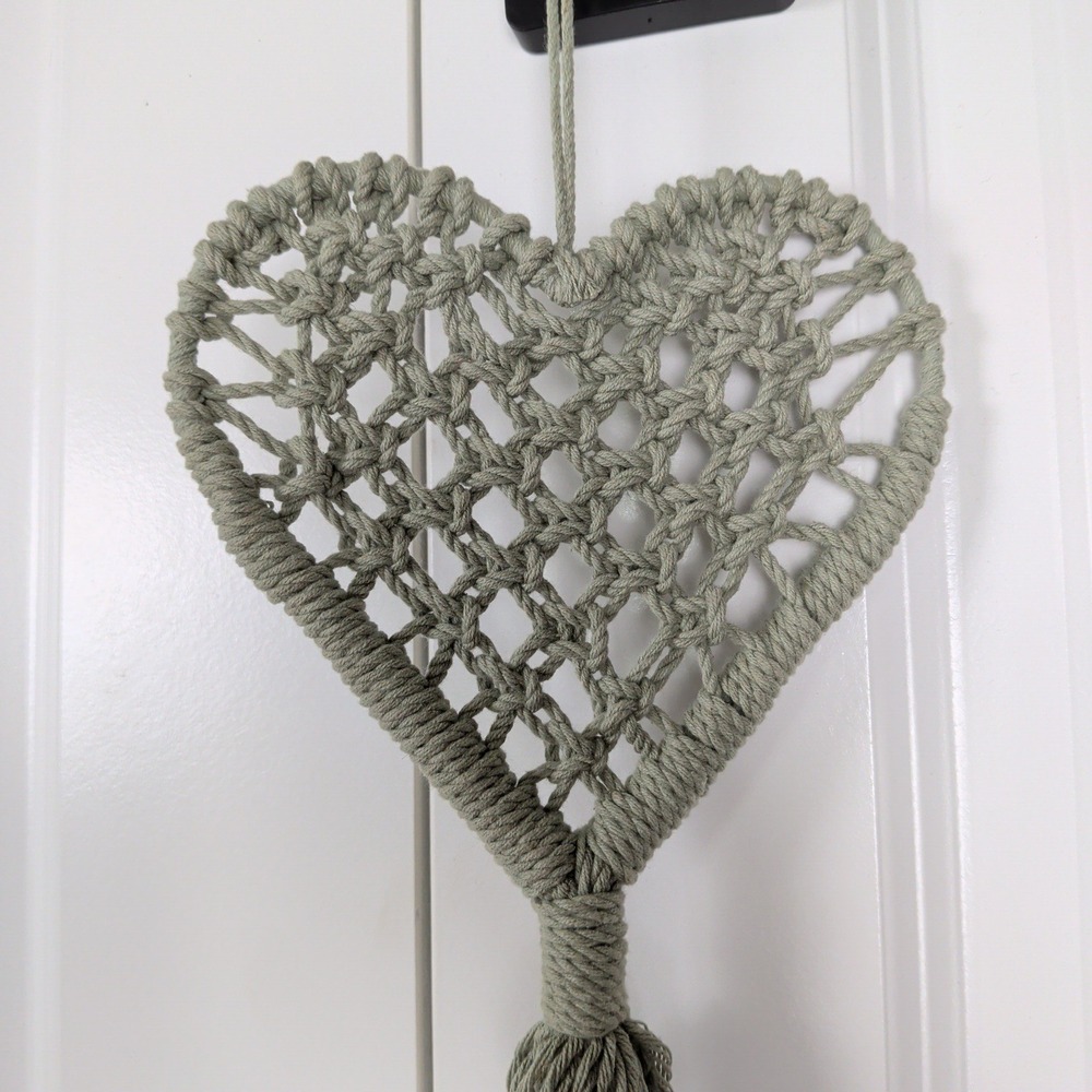 Countrycore Cottagecore Macrame Heart Wall Hanging Sage Green Tassel Boho Decor